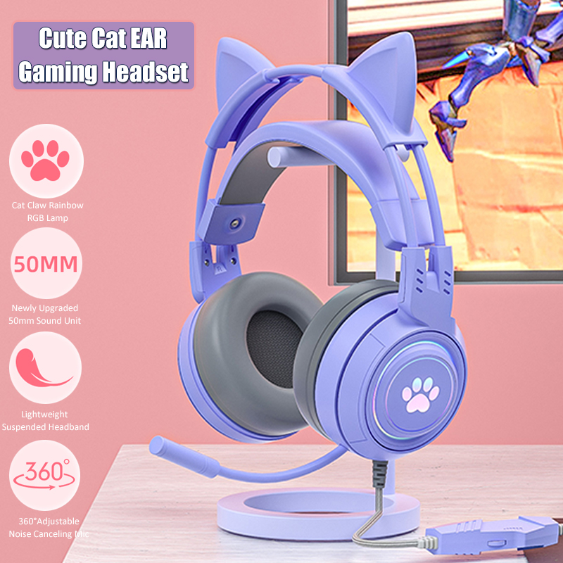 Esports Gaming Headphones - 귀여운 고양이 귀 게임용 헤드폰, 마이크